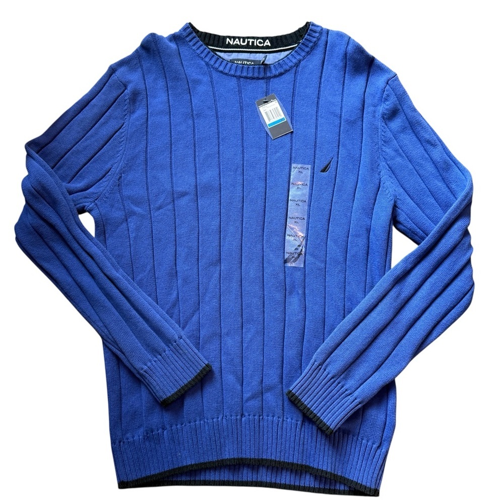 Nautica Ribbed Crewneck Y2K Preppy Grandpa Office Sporty Sky Blue Sweater